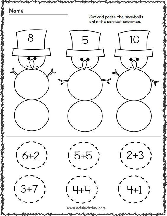 Snowman Addition Worksheet for Kindergarten