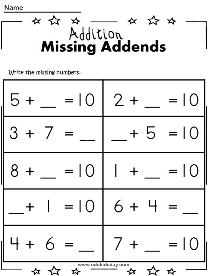 Free 1 Digit Addition Math Worksheet Missing Addends