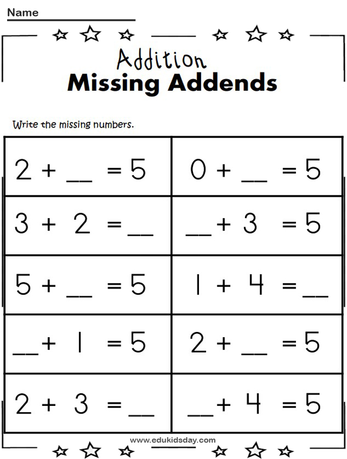 Free Printable 1 Digit Addition Math Worksheet Kindergartens Missing Addends