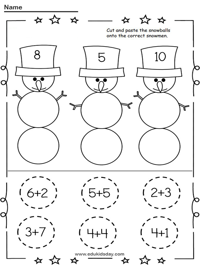 Free Snowman Addition Cut and Paste Worksheet for Kindergarten