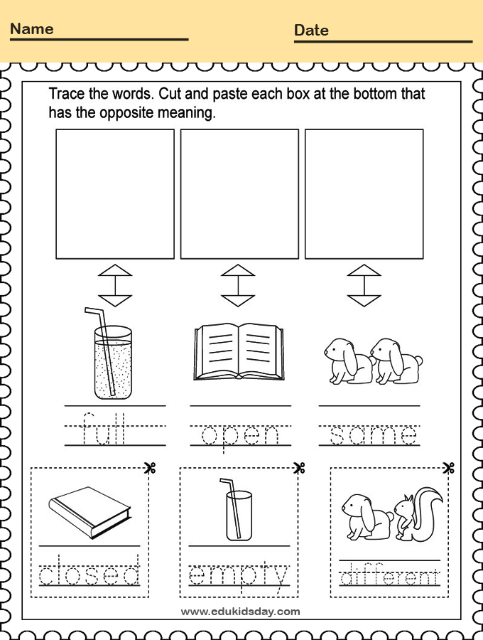Opposite Meanings Worksheet for Kindergarten Kids